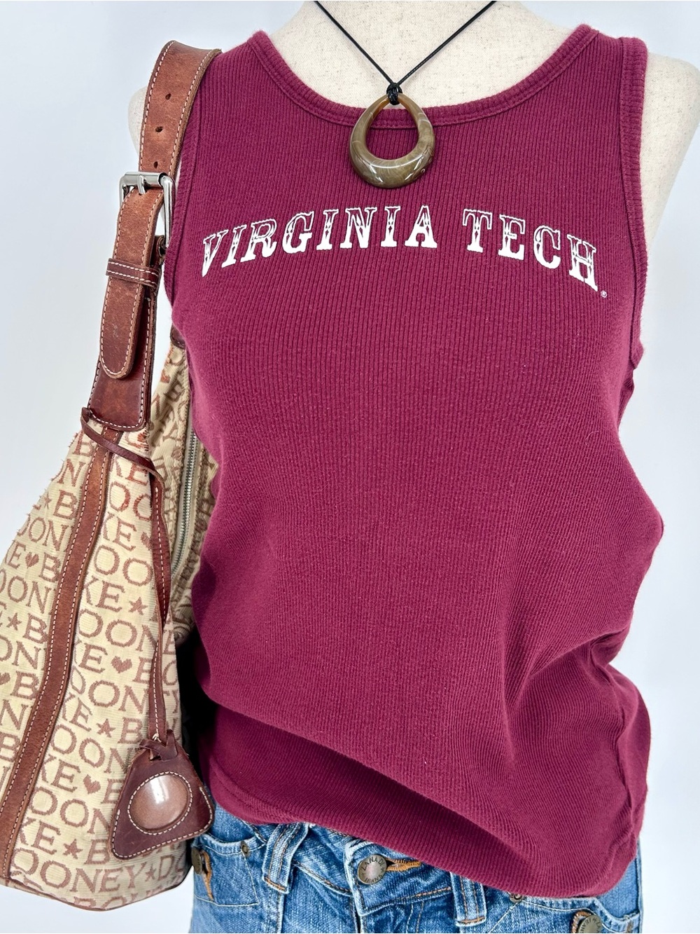 Vintage Virginia Tech Tank Top Ribbed Maroon Y2K Baby Tee Sleeveless Size L